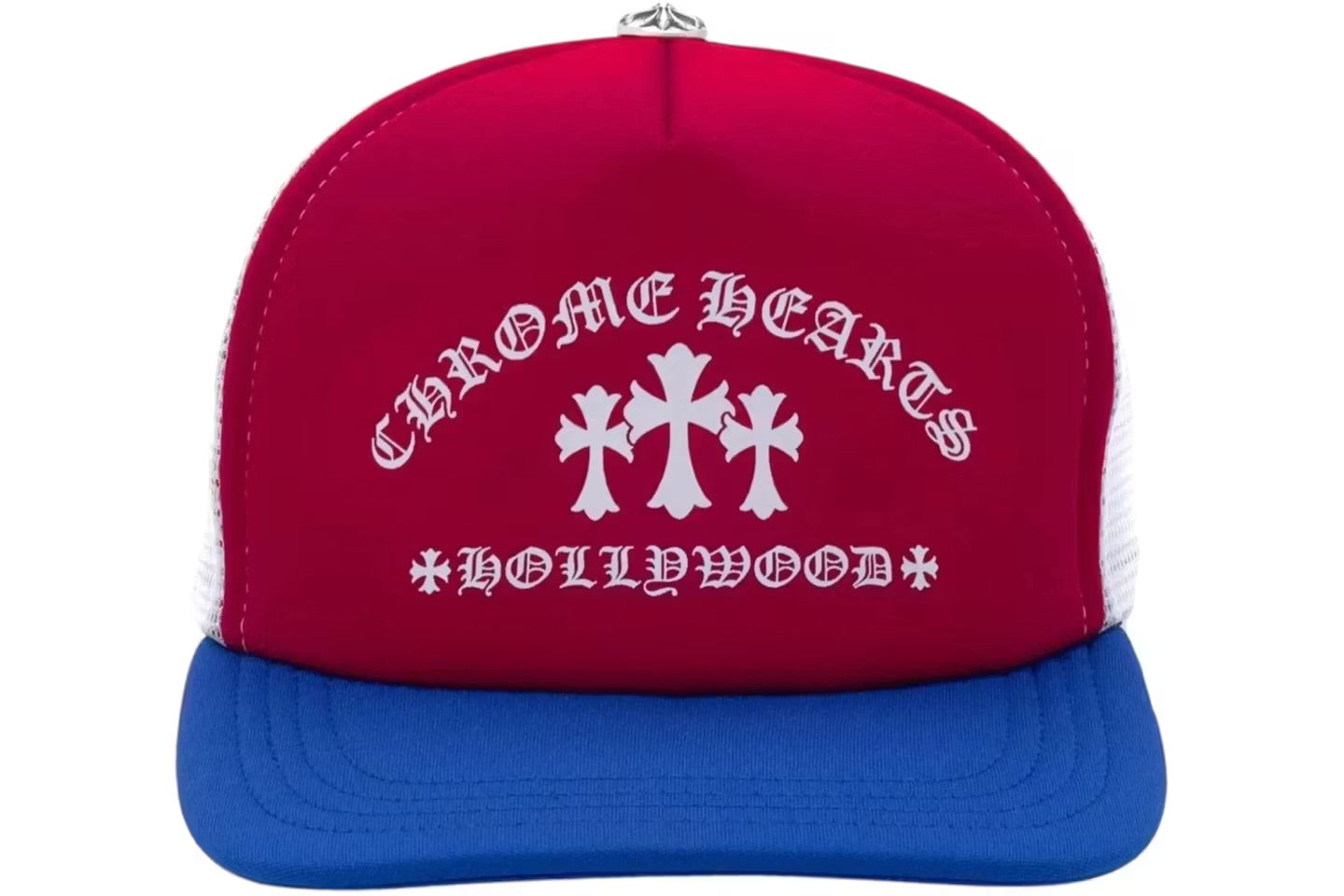 (PRE-OWNED) Chrome Hearts Cemetery Cross Hollywood Trucker Hat Red White Blue