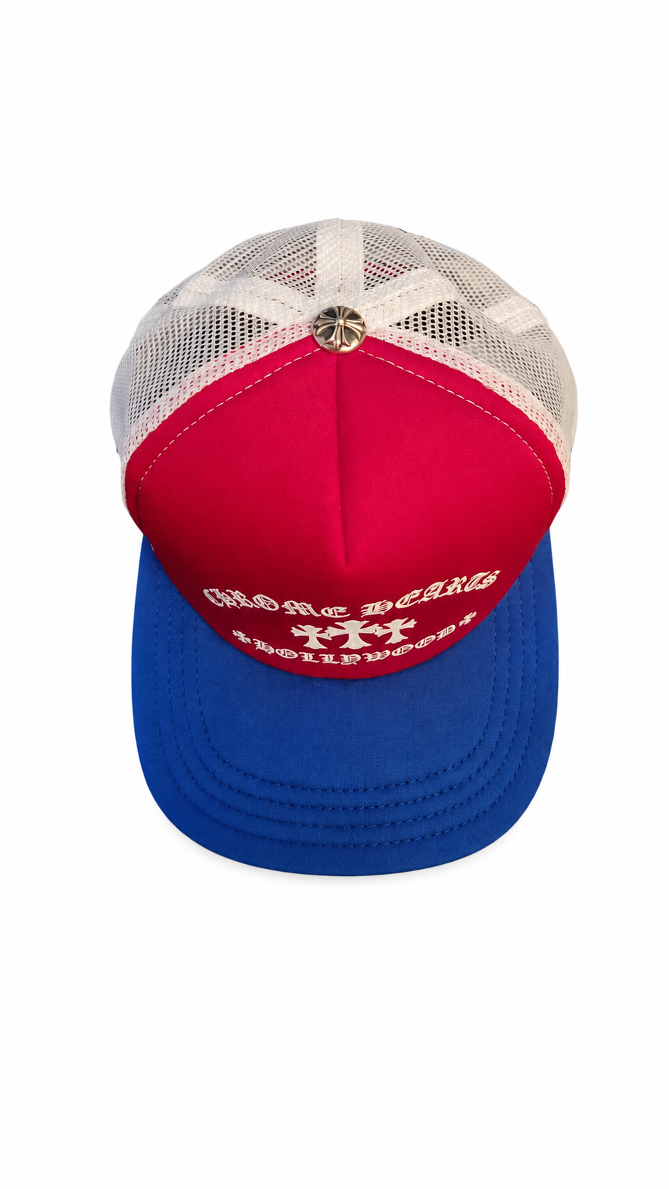 (PRE-OWNED) Chrome Hearts Cemetery Cross Hollywood Trucker Hat Red White Blue